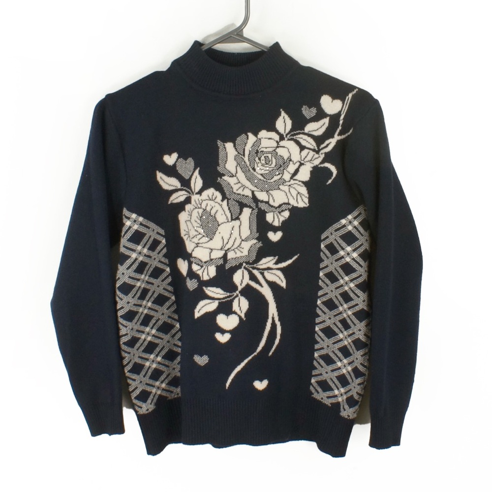 Vintage Rose Floral Dark Navy Knit Pullover Sweater Top - Picture 1 of 6